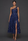 Floral Light Blue A Line One Shoulder Midi Formal Dress with Slit