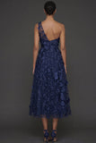 Floral Light Blue A Line One Shoulder Midi Formal Dress with Slit