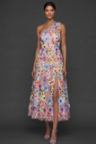 Floral Light Blue A Line One Shoulder Midi Formal Dress with Slit