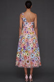 Floral Light Blue A Line One Shoulder Midi Formal Dress with Slit