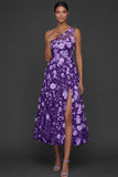 Floral Light Blue A Line One Shoulder Midi Formal Dress with Slit