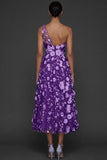 Floral Light Blue A Line One Shoulder Midi Formal Dress with Slit