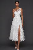 Floral Light Blue A Line One Shoulder Midi Formal Dress with Slit