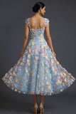Floral Light Blue A Line Square Neck Long Formal Dress