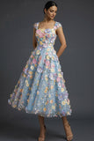 Floral Light Blue A Line Square Neck Long Formal Dress