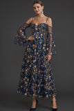 Floral Navy A Line Spaghetti Straps Embroidered Long Formal Dress