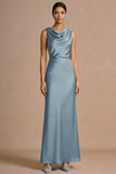 Dusty Blue Sheath Satin Cowl Neck Long Formal Dress