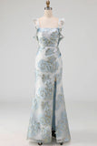 Floral Jacquard Dusty Blue Mermaid Ruffled Long Formal Dress with Slit