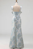 Floral Jacquard Dusty Blue Mermaid Ruffled Long Formal Dress with Slit