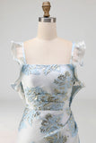 Floral Jacquard Dusty Blue Mermaid Ruffled Long Formal Dress with Slit
