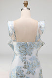 Floral Jacquard Dusty Blue Mermaid Ruffled Long Formal Dress with Slit