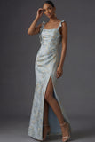 Floral Jacquard Dusty Blue Mermaid Ruffled Long Formal Dress with Slit