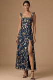 Navy Embroidered Sheath Ruffled Floral Long Formal Dress