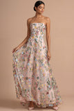 Pink Floral Embroidered Strapless Backless Long Formal Dress