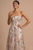 Pink Floral Embroidered Strapless Backless Long Formal Dress