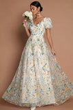 White A Line Floral Embroidered V Neck Puff Sleeves Long Formal Dress