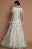 White A Line Floral Embroidered V Neck Puff Sleeves Long Formal Dress