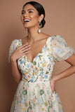 White A Line Floral Embroidered V Neck Puff Sleeves Long Formal Dress