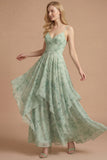 Green Floral Spaghetti Straps A Line Sleeveless Long Wedding Guest Dress