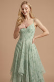 Green Floral Spaghetti Straps A Line Sleeveless Long Wedding Guest Dress