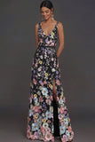 Black Floral Appliqued V Neck Long Formal Dress with Slit