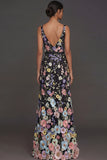 Black Floral Appliqued V Neck Long Formal Dress with Slit