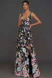 Black Floral Appliqued V Neck Long Formal Dress with Slit