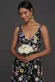 Black Floral Appliqued V Neck Long Formal Dress with Slit