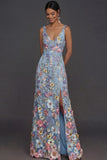 Black Floral Appliqued V Neck Long Formal Dress with Slit