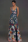 Black Floral Appliqued V Neck Long Formal Dress with Slit