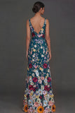 Black Floral Appliqued V Neck Long Formal Dress with Slit