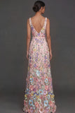 Black Floral Appliqued V Neck Long Formal Dress with Slit