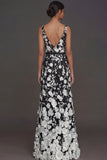 Black Floral Appliqued V Neck Long Formal Dress with Slit