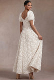 White A Line Sweetheart Floral Short Sleeves Long Engagement Dress