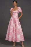 Pink Floral A Line Jacquard Sweetheart Long Formal Dress