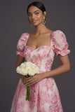 Pink Floral A Line Jacquard Sweetheart Long Formal Dress