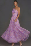 Lilac Floral A Line One Shoulder Sleeveless Long Formal Dress