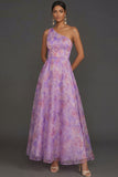 Lilac Floral A Line One Shoulder Sleeveless Long Formal Dress