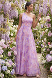 Lilac Floral A Line One Shoulder Sleeveless Long Formal Dress