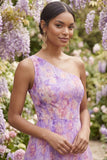 Lilac Floral A Line One Shoulder Sleeveless Long Formal Dress
