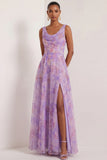 A Line Lilac Floral Cowl Neck Sleeveless Long Formal Dress with Slit