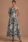 Grape Floral A Line One Shoulder Long Formal Dress