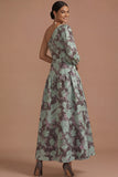 Grape Floral A Line One Shoulder Long Formal Dress