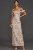 Blush Floral Jacquard Sheath Off the Shoulder Long Formal Dress