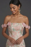 Blush Floral Jacquard Sheath Off the Shoulder Long Formal Dress