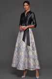 Dusty Blue A Line Floral Jacquard Collar Neck Long Formal Dress with Sleeves