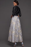 Dusty Blue A Line Floral Jacquard Collar Neck Long Formal Dress with Sleeves