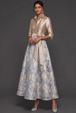 Dusty Blue A Line Floral Jacquard Collar Neck Long Formal Dress with Sleeves
