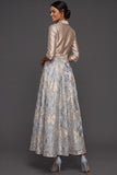 Dusty Blue A Line Floral Jacquard Collar Neck Long Formal Dress with Sleeves