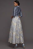 Dusty Blue A Line Floral Jacquard Collar Neck Long Formal Dress with Sleeves